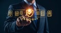 Business man selecting quality assurance and compliance icon Royalty Free Stock Photo