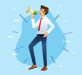 Business man shouting through loud speaker Hailer shouted with megaphone Leadership speech Flat vector illustration