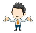 Business man shrugs and spreads his hands. Gesture oops sorry I don`t know. Flat vector in cartoon style