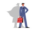 Business man with silhouette of superman shadow, vector leadership manager with a red briefcase, crisis management