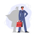 Business man with silhouette of superman, vector manager with a red briefcase, business leadership, crisis management