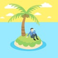 Business man sits on a desert island