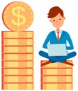 Business man sitting on big pile of stacked money and golden coins, planning investments activities Royalty Free Stock Photo