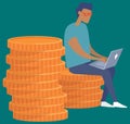 Business man sitting on big pile of stacked money and golden coins, planning investments activities Royalty Free Stock Photo