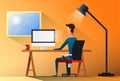 Business Man Sitting Desk Office Working Place Laptop Back Rear View Vector Illustration