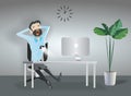 Business man sitting desktop computer, flat vector illustration.