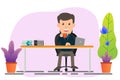 Business man sitting at his desk and working on laptop vector illustration. Royalty Free Stock Photo