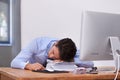 Business man, sleeping and burnout or tired at desk, professional and dreaming in workplace. Businessperson, nap and Royalty Free Stock Photo