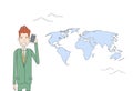 Business Man Smart Cell Phone Talk Over World Map Background Businessman Network Communication Concept