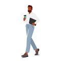 Business Man In Smart Office Wear Holding Briefcase And Drinking Coffee From Disposable Cup On The Go, Vector Royalty Free Stock Photo