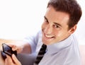 Business man, smile and portrait with phone, texting and click for email notification, networking and contact