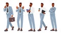 Business Man Standing In Different Poses. Male Character In Formal Suit Holding Briefcase, Coffee, And Tablet, Show Ok Royalty Free Stock Photo