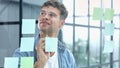 business man standing in front of stickers glass wall and write task on sticker at his office place Royalty Free Stock Photo