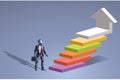 Business Man Standing Next to Abstract Ladder Symbolizing Phases or Steps of Career