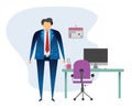 Business man standing in the office, in front of his desk, vector illustration Royalty Free Stock Photo