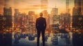 Business man standing during sunrise overlay with cityscape image. Generative AI