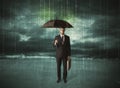 Business man standing with umbrella data protection concept Royalty Free Stock Photo