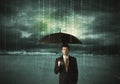 Business man standing with umbrella data protection concept Royalty Free Stock Photo