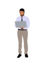 Business man standing, working at laptop vector. Royalty Free Stock Photo