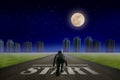 Business man START line in front of city. Night back view. Elements of this image furnished by NASA. Royalty Free Stock Photo