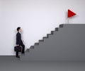 Business man stepping up on stairs to red flag (business success Royalty Free Stock Photo