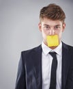Business man, sticky note and mouth in portrait for silence, reminder and studio by white background. Person, employee Royalty Free Stock Photo