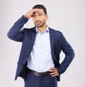 Business man, stress and confused in studio for anxiety, debt and stock market crash for fail economy. Asian male worker Royalty Free Stock Photo