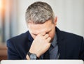 Business man, stress and headache for burnout, debt and mistake of stock market crash. Face of corporate male worker Royalty Free Stock Photo