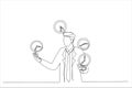 business man successfully juggling managing time . Successful time management metaphor. One line art style