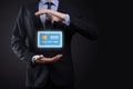 Business man in suit hand holding blank credit card icon showing for concept banking and finance service