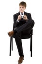 Business Man in suit playing console games Royalty Free Stock Photo