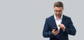Business man in suit talking on phone, promo mobile app. Businessman in casual clothes using smartphone isolated over Royalty Free Stock Photo