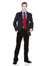 Business man in suit with a tie with a briefcase in his hands standing front side, vector cartoon portrait male full-length, multi