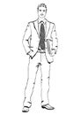 Business man in suit with a tie with a briefcase in his hands standing front side, vector outline portrait male full-length, black