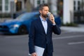 Business man in suit walk outdoor in street. Businessman in city. Business man in suit go to office work. Business Royalty Free Stock Photo