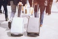 Business man with suitcase on street road traveler with luggage