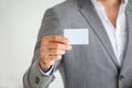 business man in Suits show or holding blank white credit card mockup isolated on white background with clipping path of card Royalty Free Stock Photo