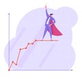Business Man in Super Hero Cape Pointing Finger Up Stand on Growing Chart Broken Curve Line. Growth Data Analysis