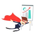 Business man superman flying in front of flipchart with arrow up