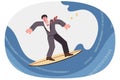 Business man is surfing internet, standing on surfboard gliding along waves of binary code