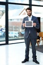 Business man, tablet and screen with graph, data report or presentation for corporate growth and development in office Royalty Free Stock Photo