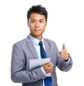 Business man with tablet and thumb up Royalty Free Stock Photo