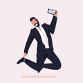 Business man taking selfie photo on smartphone camera businessman in formal wear male cartoon character posing in suit Royalty Free Stock Photo