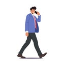 Business Man Talking by Smartphone Walking Isolated on White Background. Young Confident Businessman Go at Work