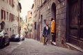 Business man talking with smiling woman at the street Royalty Free Stock Photo