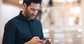 Business man, texting and phone with space in office mockup for networking, chat and email communication. Businessman Royalty Free Stock Photo