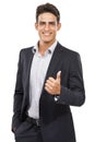 Business man, thumbs up in portrait and agreement in studio, yes vote or review with emoji on white background Royalty Free Stock Photo