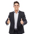 Business man, thumbs up in portrait and feedback in studio, yes vote or review with like emoji on white background Royalty Free Stock Photo