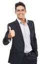 Business man, thumbs up in portrait and success in studio, yes vote or review with like emoji on white background Royalty Free Stock Photo