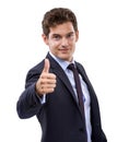 Business man, thumbs up and success in studio for achievement, support and like emoji or yes hands. Portrait of